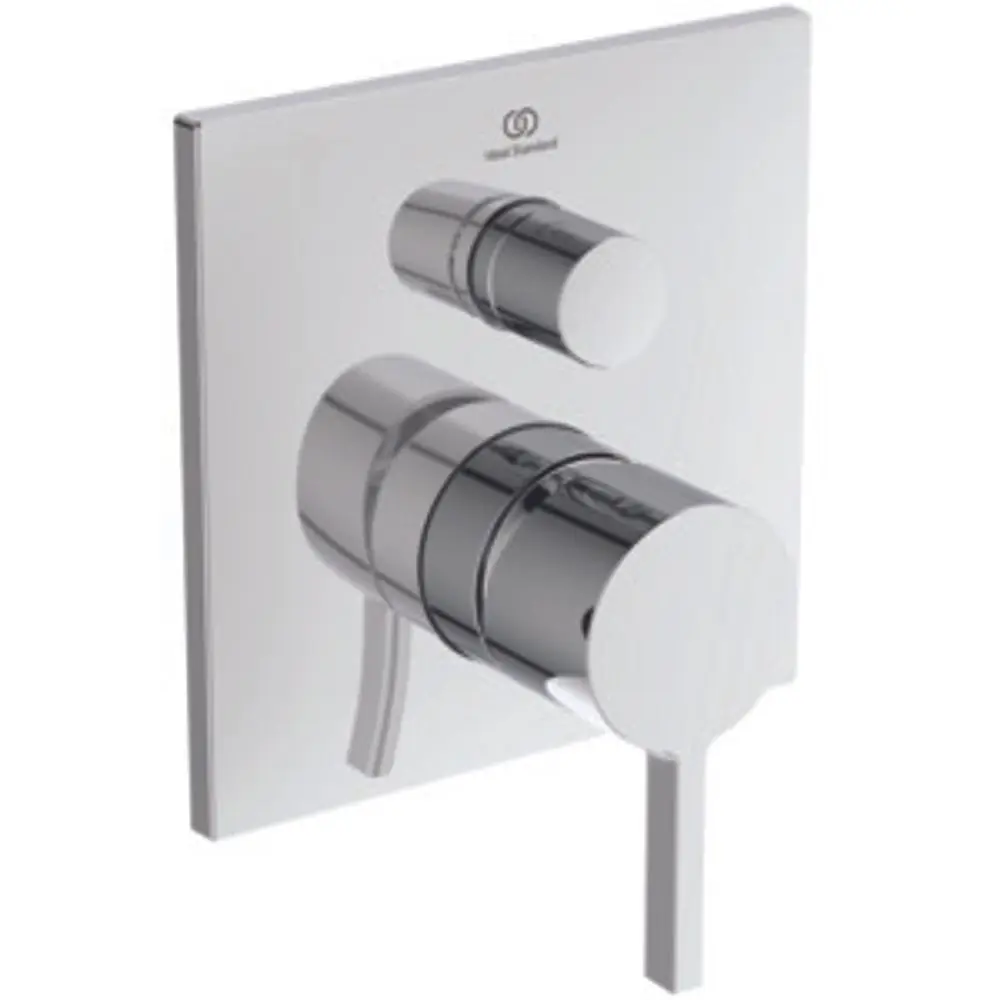Zweiarmiger Wasserhahn mit einem quadratischen, spiegelnden Bedienfeld. Produkt von Ideal Standard, geeignet für Badinstallation.